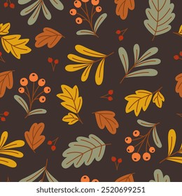 Seamless pattern with autumn leaves and berries. Vector illustration