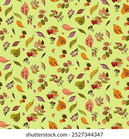 Patrón sin fisuras con hojas de otoño y bayas. Adorno abstracto colorido. Antecedentes. Vector
