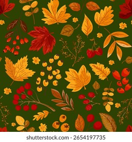 Seamless pattern with autumn leaves and berries. Ideal for wallpaper, gift paper, textiles, greeting cards. Vector illustration