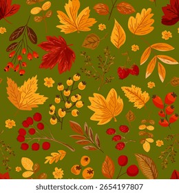 Seamless pattern with autumn leaves and berries. Ideal for wallpaper, gift paper, textiles, greeting cards. Vector illustration