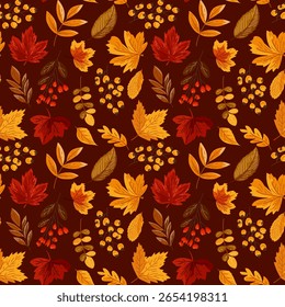 Seamless pattern with autumn leaves and berries. Ideal for wallpaper, gift paper, textiles, greeting cards. Vector illustration