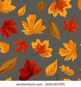 Seamless pattern with autumn leaves and berries. Ideal for wallpaper, gift paper, textiles, greeting cards. Vector illustration
