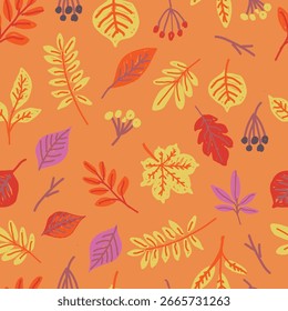 Padrão sem emenda com folhas de outono, bagas e ramos no fundo laranja. Folhagem de queda e conceito de natureza sazonal. Ilustração desenhada à mão.