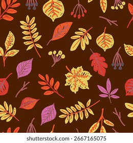 Seamless pattern with autumn leaves, berries and branches on dark background. Fall foliage and seasonal nature concept. Hand drawn illustration.