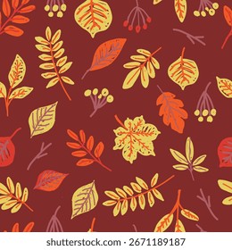 Seamless pattern with autumn leaves, berries and branches on dark background. Fall foliage and seasonal nature concept. Hand drawn illustration.