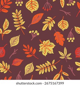Seamless pattern with autumn leaves, berries and branches on dark background. Fall foliage and seasonal nature concept. Hand drawn illustration.