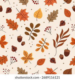 Seamless pattern with autumn leaves and berries. Ideal for wallpaper, gift paper, textiles, greeting cards. Vector illustration