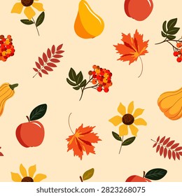 Seamless pattern with autumn leaves, berries and harvest fruits on cream background