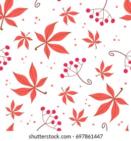 Seamless pattern of autumn leaves and berries. Vector illustration on white background. Backdrop for gift paper, greeting cards.
