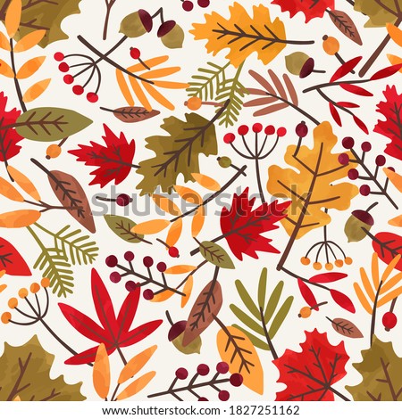 Seamless pattern with autumn leaves and berries. Colorful repeatable backdrop with oak, rowan and maple leaves and acorns for wrapping paper. Flat vector cartoon illustration of bright fall foliage