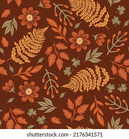 Seamless pattern with autumn leaves, berriesand flowers. Vector graphics.