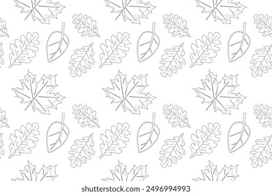 Seamless pattern of autumn leaves in black and white. Perfect for coloring pages, seasonal designs, and crafts.