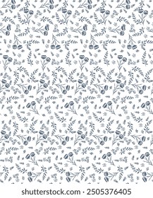 Seamless pattern with autumn leaves. blue floral autumn seamless pattern isolated on white background. Cute vector seamless pattern with flowers.