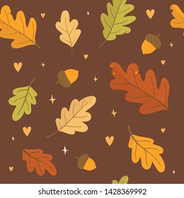 Seamless pattern autumn leaves and branches. Fall season. Forest. Simple cartoon flat style. Vector illustration