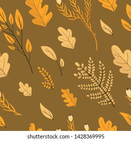 Seamless pattern autumn leaves and branches. Fall season. Forest. Simple cartoon flat style. Vector illustration