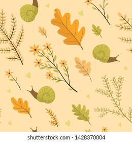Seamless pattern autumn leaves and branches. Fall season. Forest. Simple cartoon flat style. Vector illustration