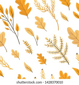 Seamless pattern autumn leaves and branches. Fall season. Forest. Simple cartoon flat style. Vector illustration