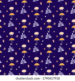 Seamless pattern. Autumn leaves, branches, berries and mushrooms, umbrella and clouds with drops on a dark blue background. For autumn decoration and design, packaging and printing. Vector 