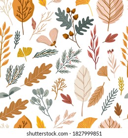 Seamless pattern with autumn leaves, branches and berries. Vector