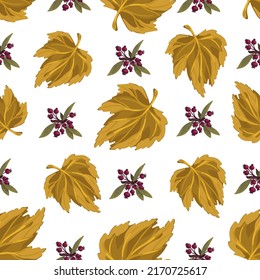 Seamless pattern with autumn leaves and branches of wild rose berries.vector graphics.