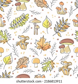 Seamless pattern with autumn leaves, branches and mushrooms on a white background. Edible mushrooms and leaves of maple, oak, ash. Hand drawn doodle with splashes of color added. Pastel colors. Vector
