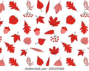 Seamless pattern of autumn leaves, branches and berries. Fall red background.