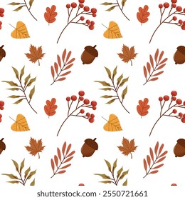 Seamless pattern of autumn leaves and branches. Rowan berry, maple, oak. Colorful red, green, yellow fall background. Vector isolated on white