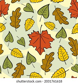 Seamless pattern of autumn leaves. Autumn bright pattern, hand-drawn doodle fallen leaves