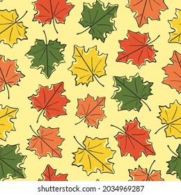 Seamless pattern of autumn leaves. Autumn bright pattern, hand-drawn doodle fallen leaves