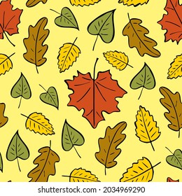 Patrón sin foco de hojas de otoño. Patrón brillante de otoño, hojas caídas de doodle dibujadas a mano