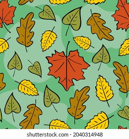 Nahtlose Muster der Herbstblätter. Herbstliches helles Muster, handgezeichnete, gefallene, doodale Blätter