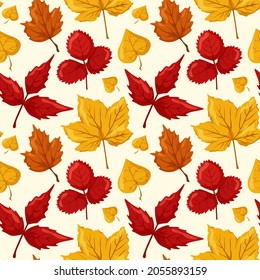 Seamless pattern, autumn leaves, autumn bright ornament, maple and strawberry leaves on a light background, yellow and red leaves