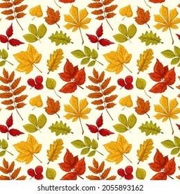 Seamless pattern, autumn leaves, autumn bright ornament, oak, maple, strawberry, aspen, chestnut leaves on a light background, yellow and red leaves