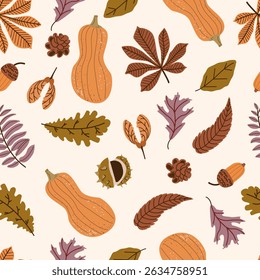 Nahtloses Muster der Herbstblätter in hellen Farben. Vektorgrafik im Trend. Ahorn-, Eichen- und Eichenblatt, Schnecke, Tannenkegel, Kürbisse, Hintergrund für Stoff, Tapete oder Geschenkverpackungsdruck.