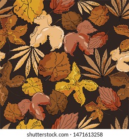 Seamless pattern with autumn leaves in brown, beige, yellow. On background for design, print.