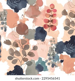 Seamless pattern of autumn leaves with brown and gray watercolor brush background elements