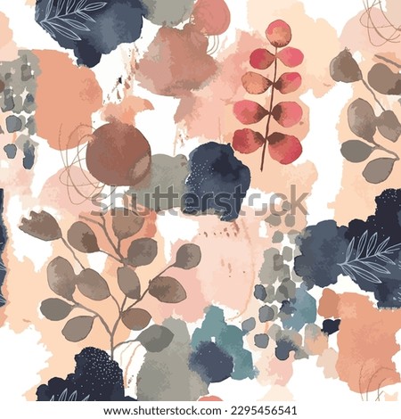Seamless pattern of autumn leaves with brown and gray watercolor brush background elements