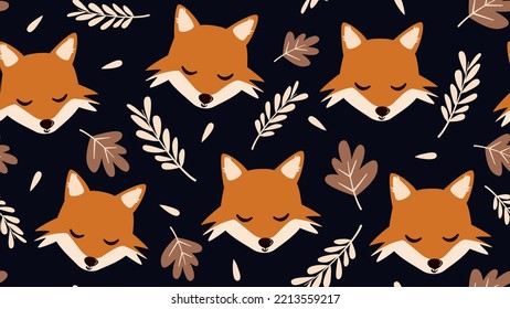 seamless pattern with autumn leaves and cartoon character fox on a dark background