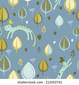 Seamless pattern with autumn leaves and cats.