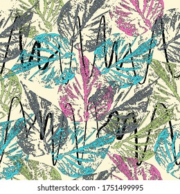 Seamless pattern of autumn leaves of cherry and mountain ash.  EPS 10 vector illustration. Autum pattern. Azure, pink, green.