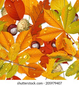 Seamless pattern from autumn leaves and chestnut  on the ground