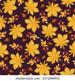 Seamless pattern with autumn leaves of chestnut and rowan berries on dark background. For textile, giftpaper, wallpaper.