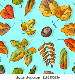 Seamless pattern with autumn leaves, chestnuts, acorns