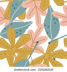 Seamless pattern with autumn leaves of chestnuts, oak, aspen, larch on white background in scandinavian style for child fabric, textile, nursery, wallpape