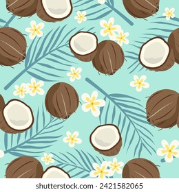 seamless pattern with autumn leaves and coconut white flower blue background hand drawn summer fruit in modern vector illustration design for Textiles, printed materials, fabric, carpets, book covers