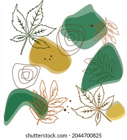 Patrón sin foco con hojas de otoño y puntos de color sobre un fondo blanco. Ideal para imprimir en tela. Énfasis sobre el verde