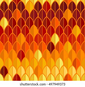 Seamless pattern. Autumn leaves. Colored feathers with an orange outline. Vector background.