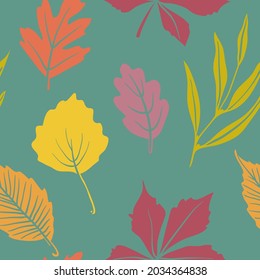 Seamless pattern with autumn leaves. Colorful paper cut fall woods collection isolated on blue background. Doodle hand drawn vector illustration.