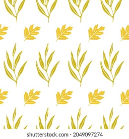 Seamless pattern with autumn leaves. Colorful paper cut fall woods collection isolated on white background. Doodle hand drawn vector illustration.