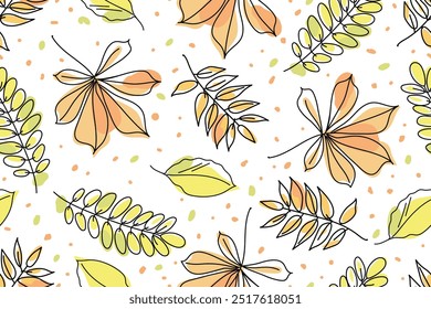 Nahtloses Muster mit Herbstblättern. Bunte Blätter von Kastanie, Akazie, Buche, Asche auf weißem Hintergrund. Herbstlaub. Vektorgrafik.